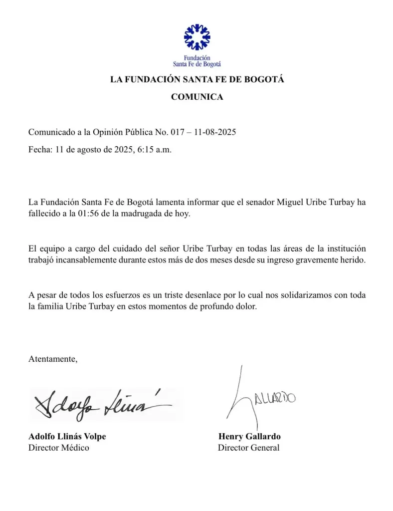 Comunicado de la clínica Fundación Santa Fe de Bogotá confirmando el fallecimiento del senador Miguel Uribe Turbay